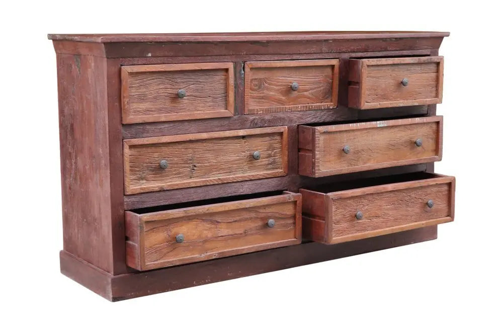 64" Brown Distressed Solid and Reclaimed Wood Seven Drawer Double Dresser - NOBLE HOME INTERIORS