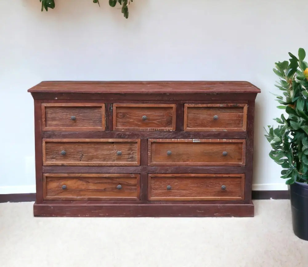 64" Brown Distressed Solid and Reclaimed Wood Seven Drawer Double Dresser - NOBLE HOME INTERIORS
