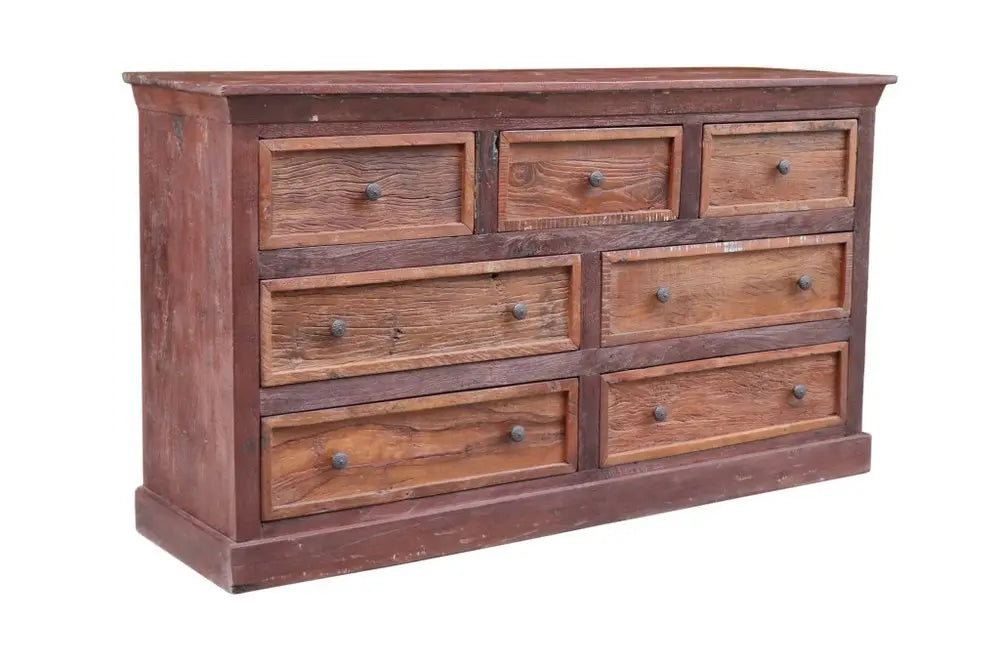 64" Brown Distressed Solid and Reclaimed Wood Seven Drawer Double Dresser - NOBLE HOME INTERIORS