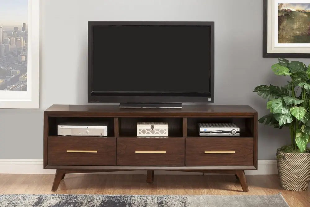 64" Brown Mahogany Solid Wood Open Shelving TV Stand - NOVA HOME FURNITURE