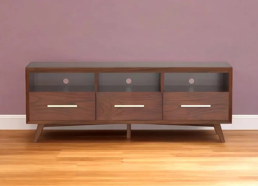 64" Brown Mahogany Solid Wood Open Shelving TV Stand - NOVA HOME FURNITURE