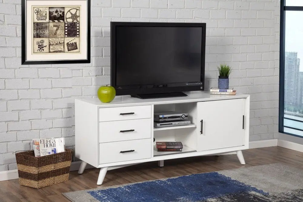 64" White Mahogany Solid Wood Enclosed and Open Storage TV Stand - NOVA HOME FURNITURE