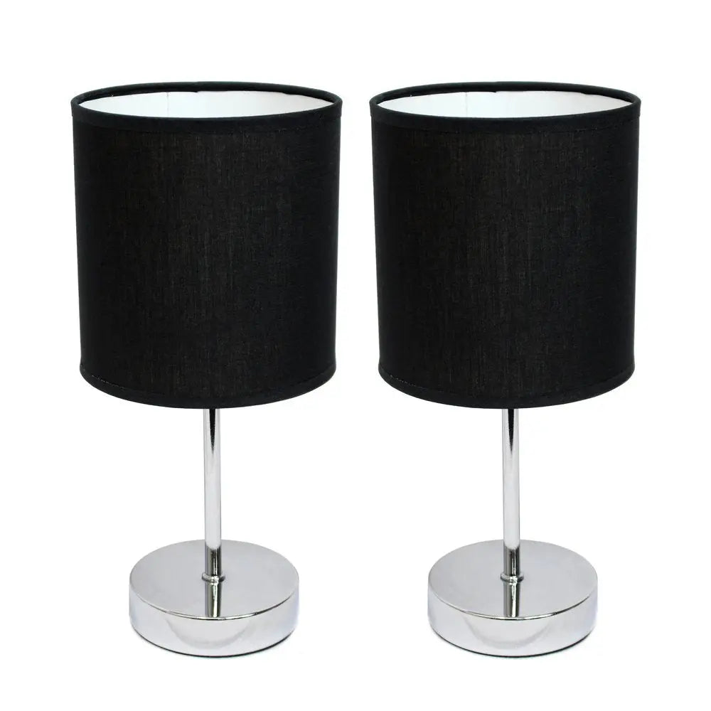 Set of Two 12" Silver Metal Table Lamp With Black Drum Shade HomeRoots