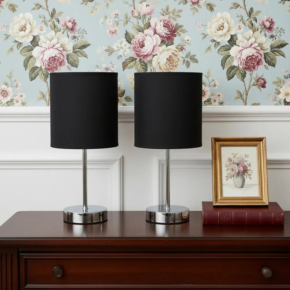 Set of Two 12" Silver Metal Table Lamp With Black Drum Shade HomeRoots