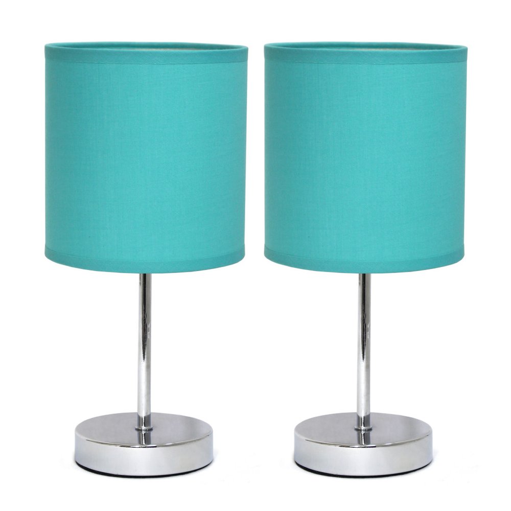Set of Two 12" Silver Metal Table Lamp With Blue Drum Shade