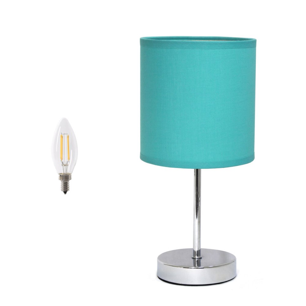 12" Silver Metal Table Lamp LED With Blue Drum Shade