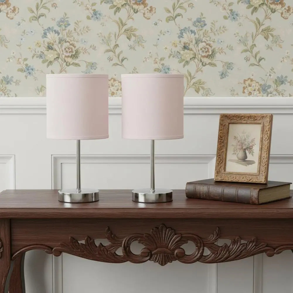 Set of Two 12" Silver Metal Table Lamp With Blush Drum Shade HomeRoots