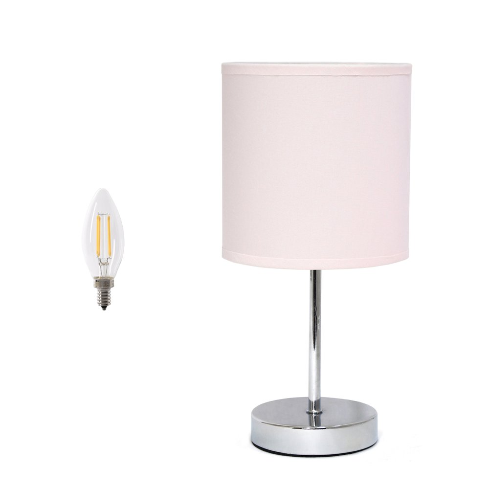 12" Silver Metal Table Lamp LED With Blush Drum Shade