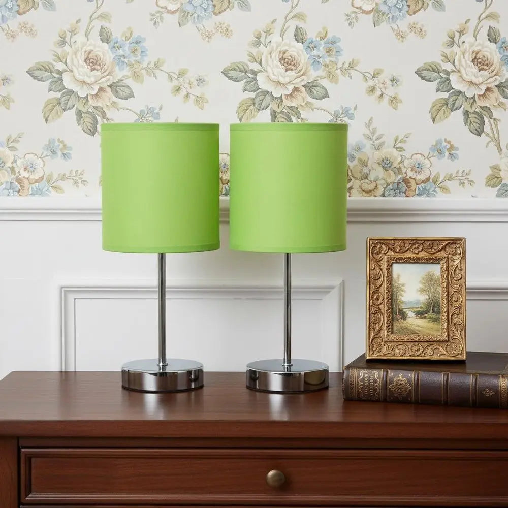 Set of Two 12" Silver Metal Table Lamp With Green Drum Shade HomeRoots
