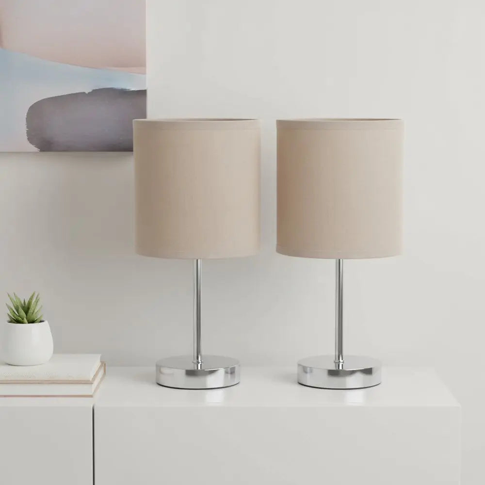 Set of Two 12" Silver Metal Table Lamp With Gray Drum Shade HomeRoots