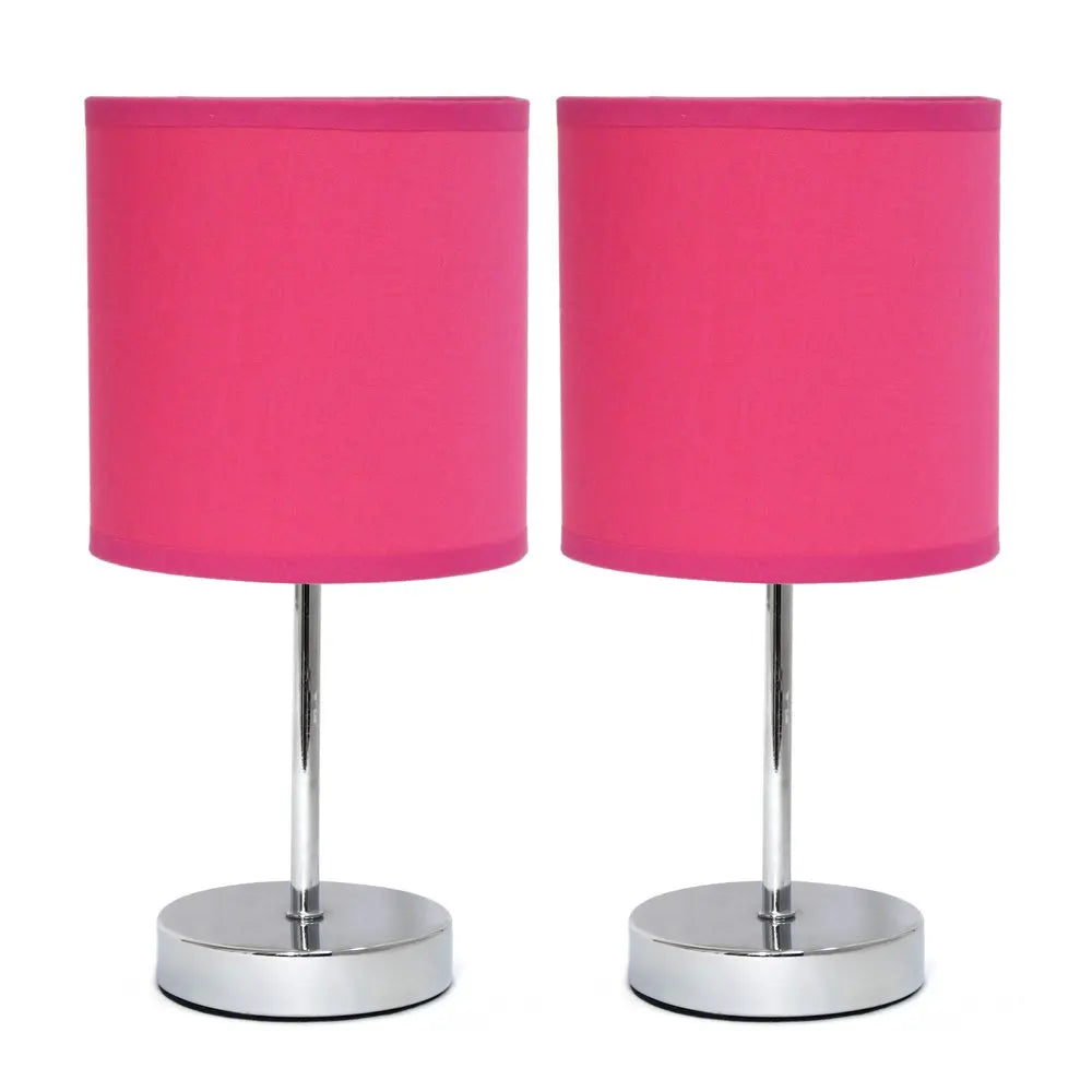 Set of Two 12" Silver Metal Table Lamp With Hot Pink Drum Shade HomeRoots