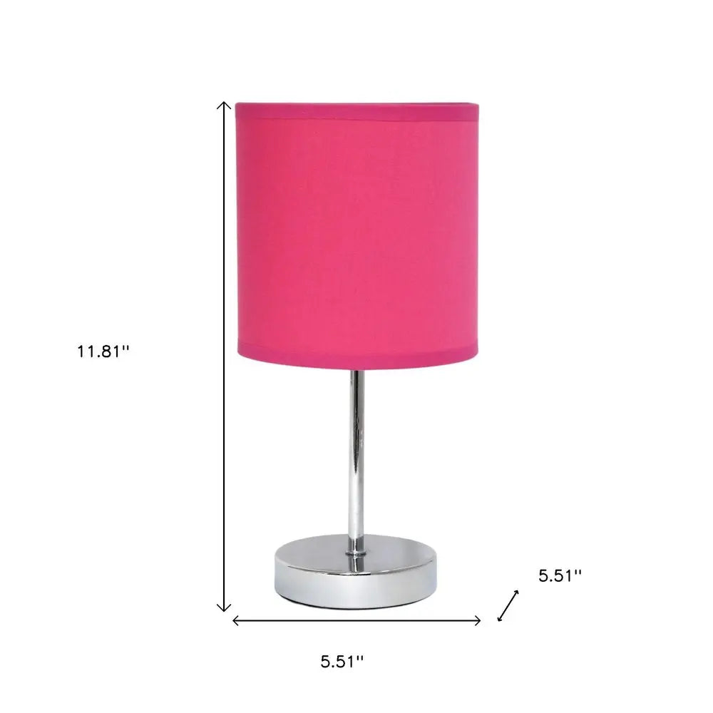 Set of Two 12" Silver Metal Table Lamp With Hot Pink Drum Shade HomeRoots