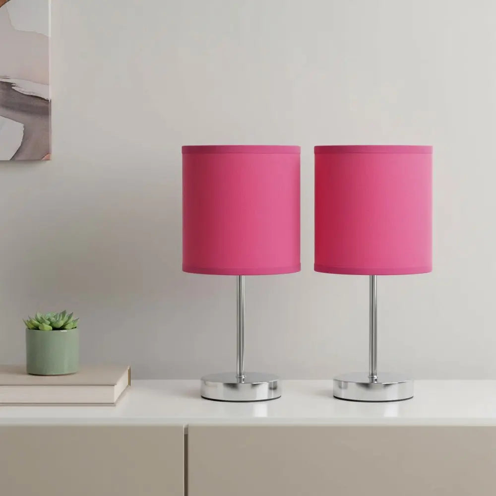 Set of Two 12" Silver Metal Table Lamp With Hot Pink Drum Shade HomeRoots