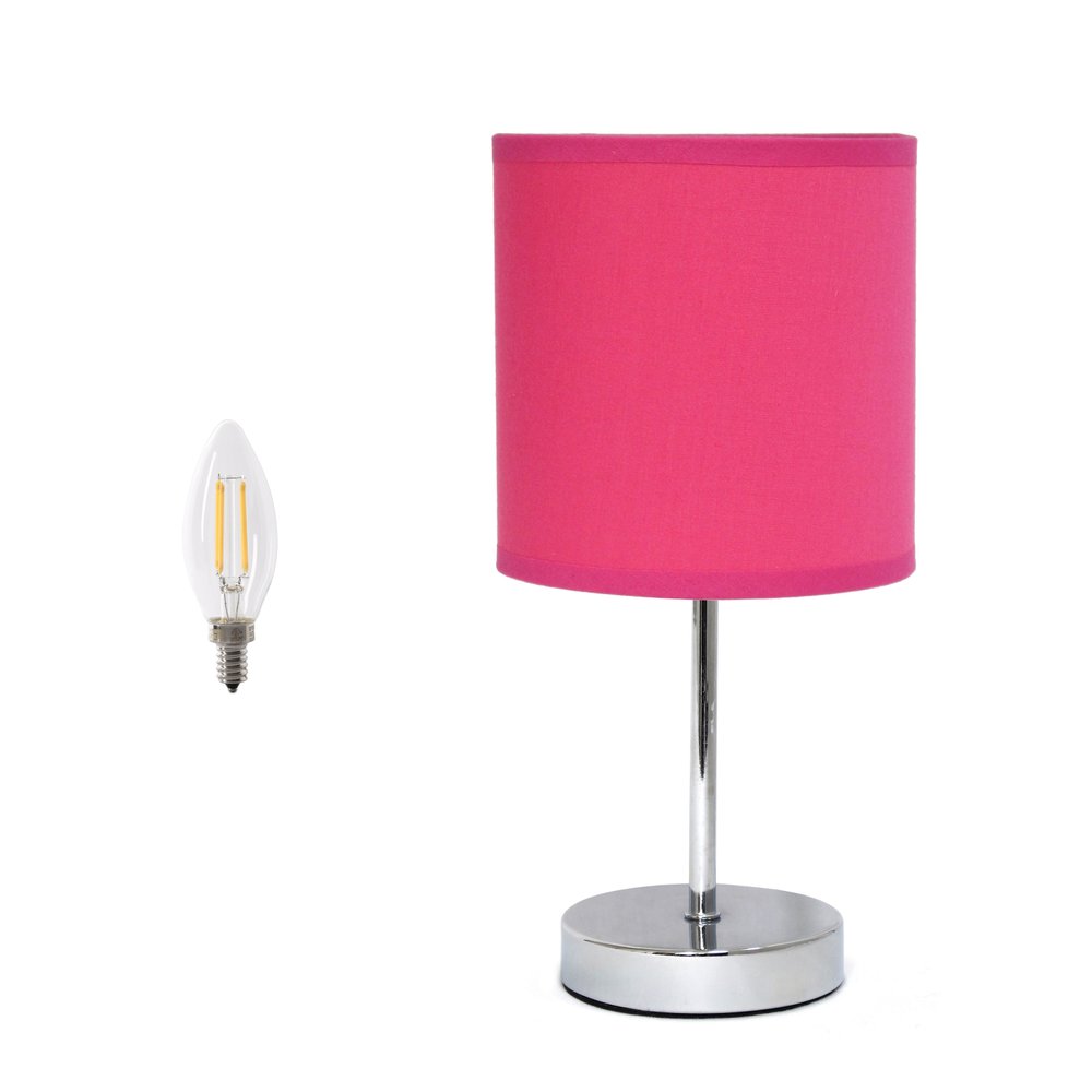 12" Silver Metal Table Lamp LED With Hot Pink Drum Shade