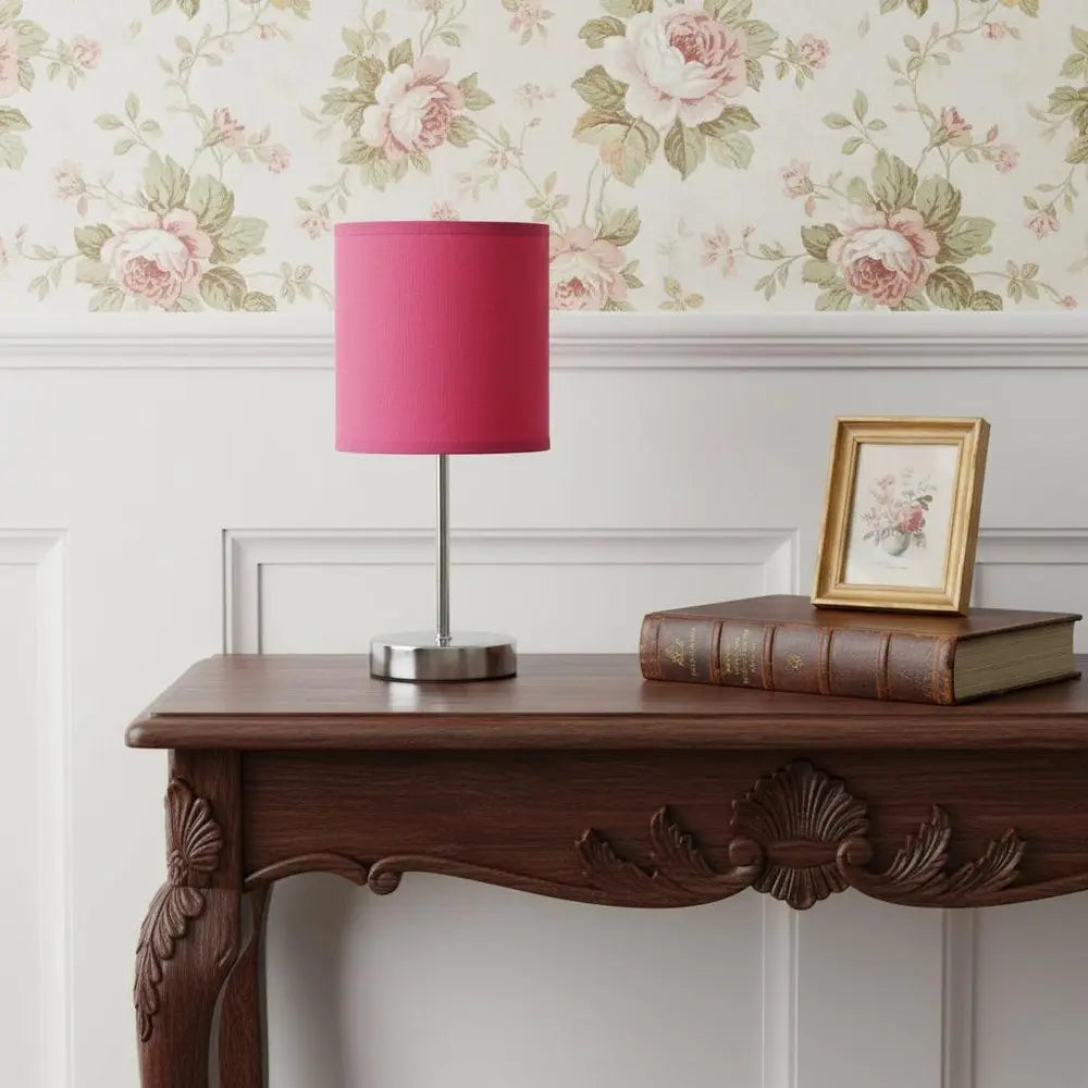 12" Silver Metal Table Lamp LED With Hot Pink Drum Shade HomeRoots