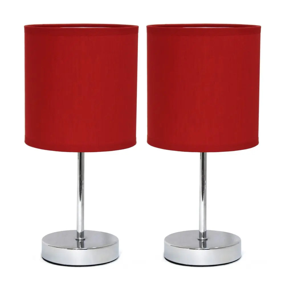 Set of Two 12" Silver Metal Table Lamp With Red Drum Shade HomeRoots