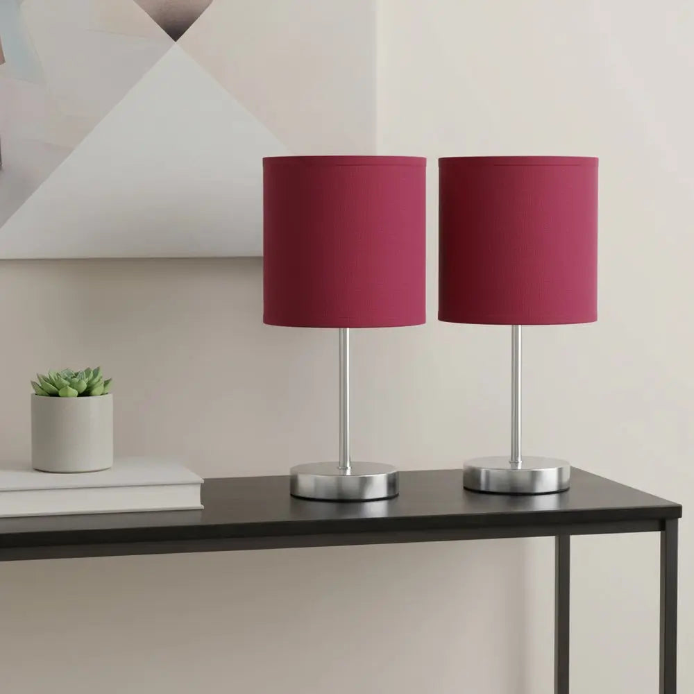 Set of Two 12" Silver Metal Table Lamp With Wine Drum Shade HomeRoots