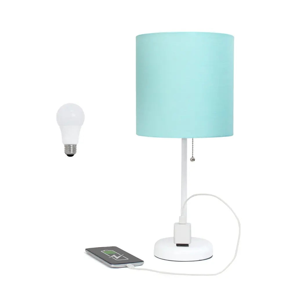 20" White Metal Table Lamp LED With Aqua Drum Shade HomeRoots