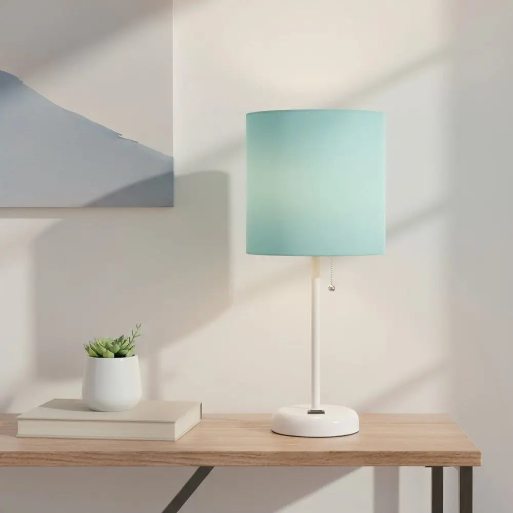 20" White Metal Table Lamp LED With Aqua Drum Shade HomeRoots