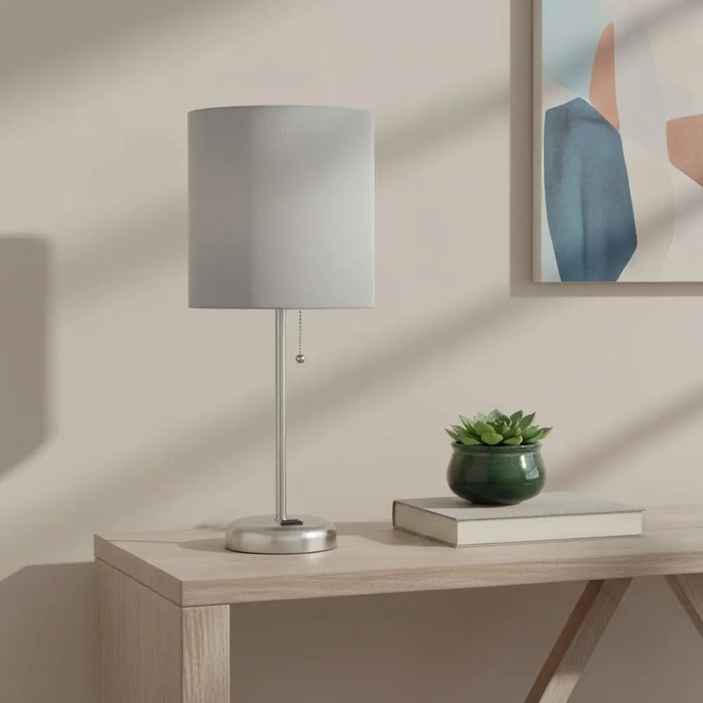 20" Silver Metal Table Lamp LED With Gray Drum Shade HomeRoots