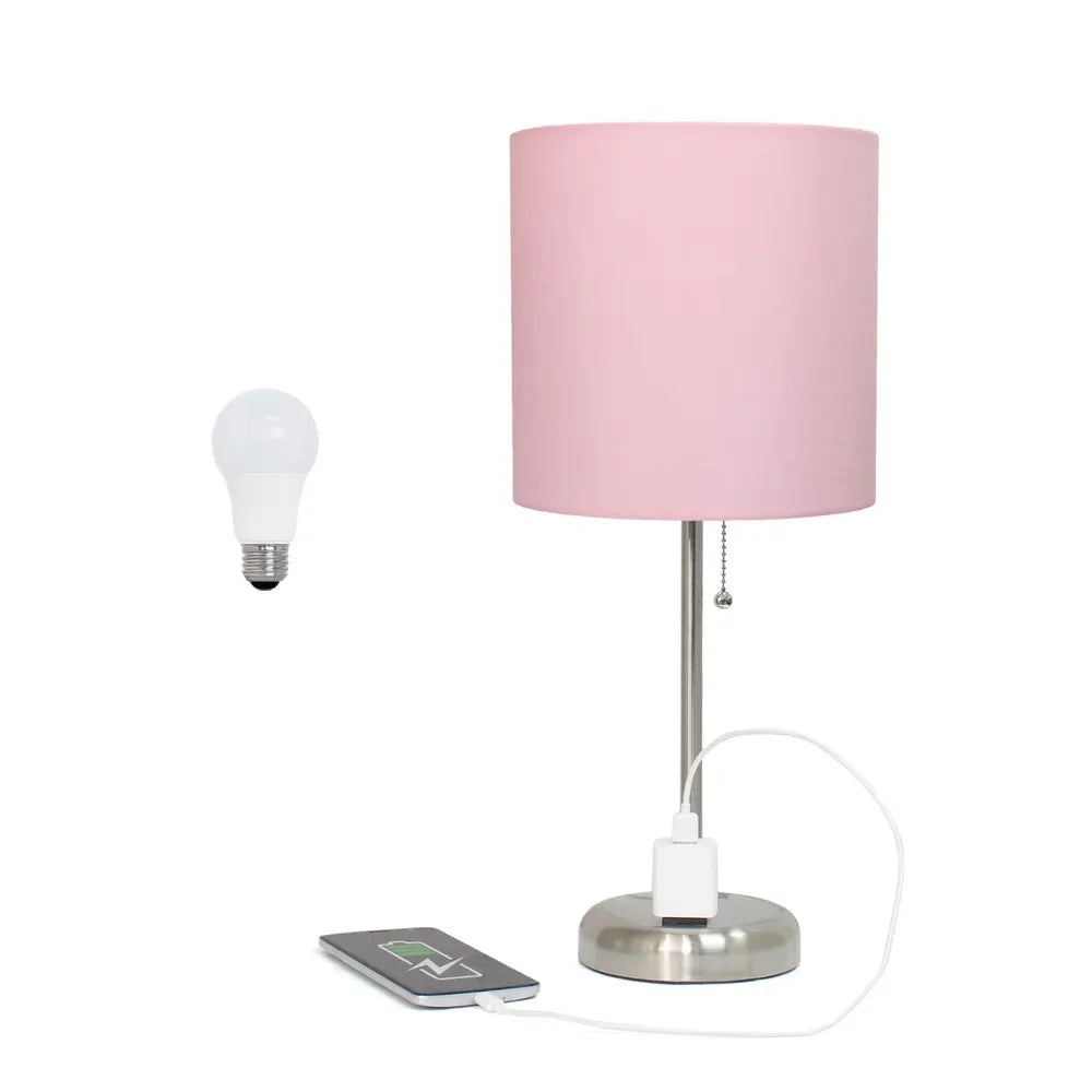 20" Silver Metal Table Lamp LED With Light Pink Drum Shade HomeRoots