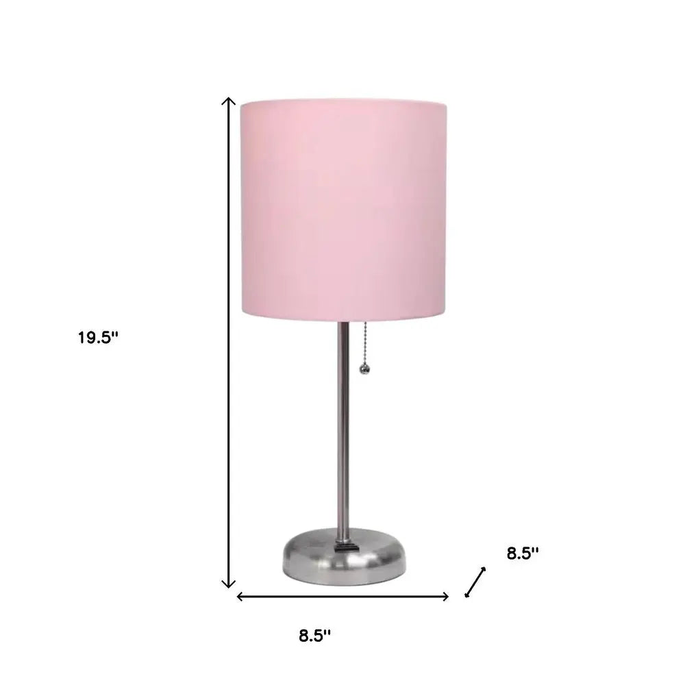 20" Silver Metal Table Lamp LED With Light Pink Drum Shade HomeRoots
