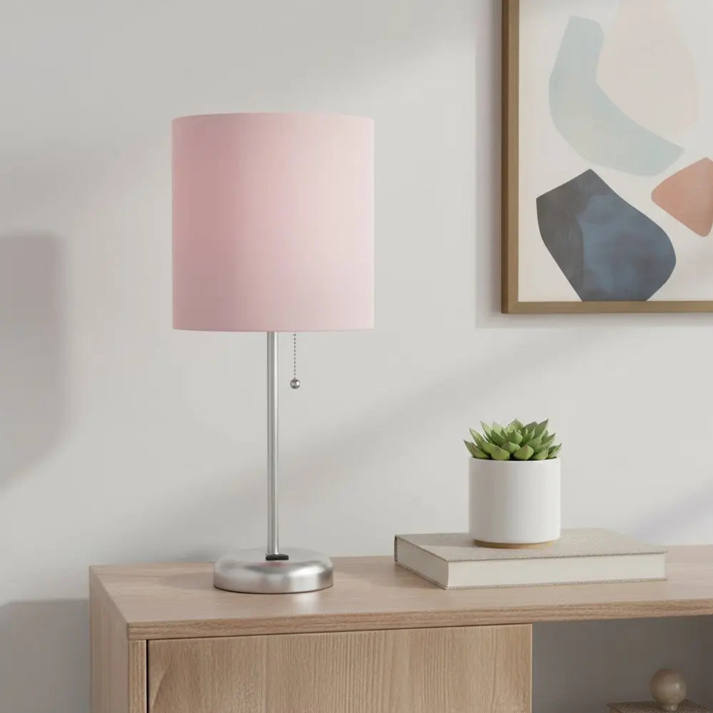 20" Silver Metal Table Lamp LED With Light Pink Drum Shade HomeRoots