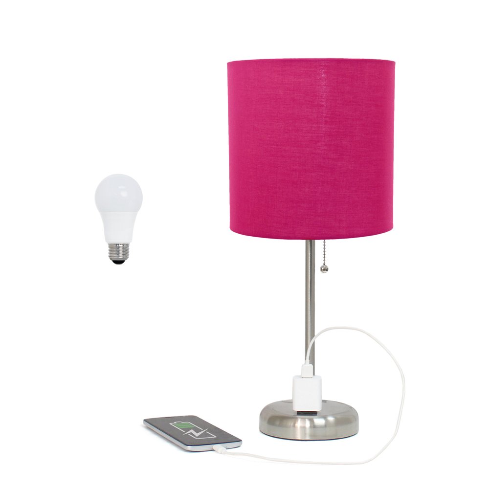20" Silver Metal Table Lamp LED With Pink Drum Shade