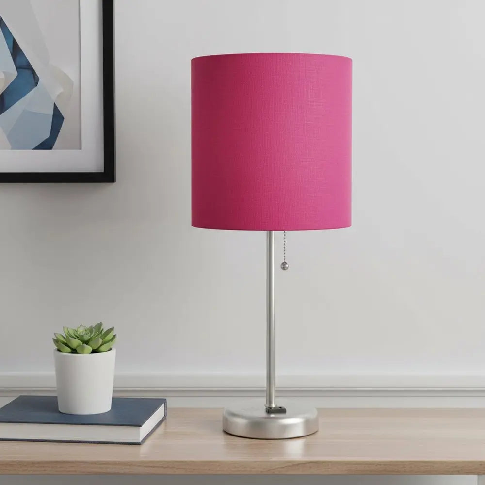 20" Silver Metal Table Lamp LED With Pink Drum Shade HomeRoots