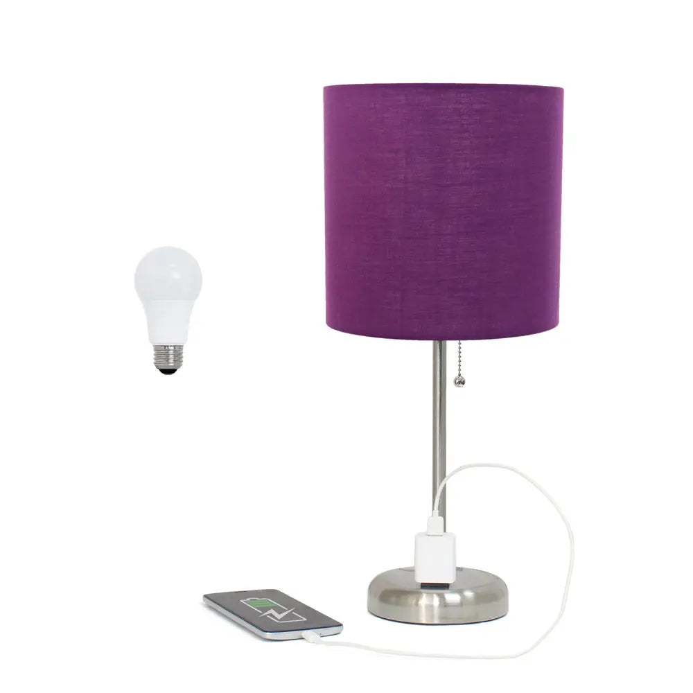 20" Silver Metal Table Lamp LED With Purple Drum Shade HomeRoots