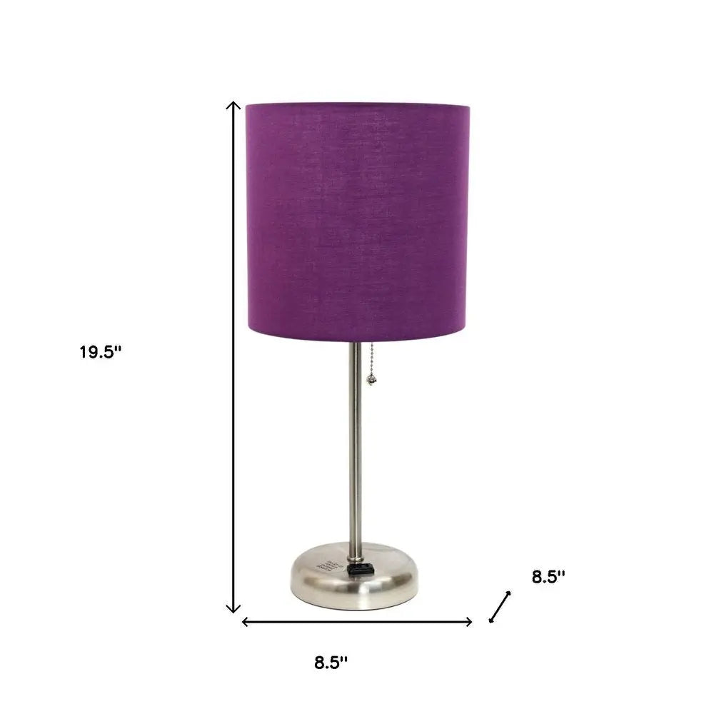 20" Silver Metal Table Lamp LED With Purple Drum Shade HomeRoots
