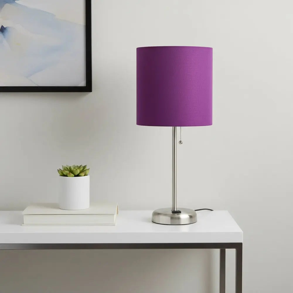 20" Silver Metal Table Lamp LED With Purple Drum Shade HomeRoots