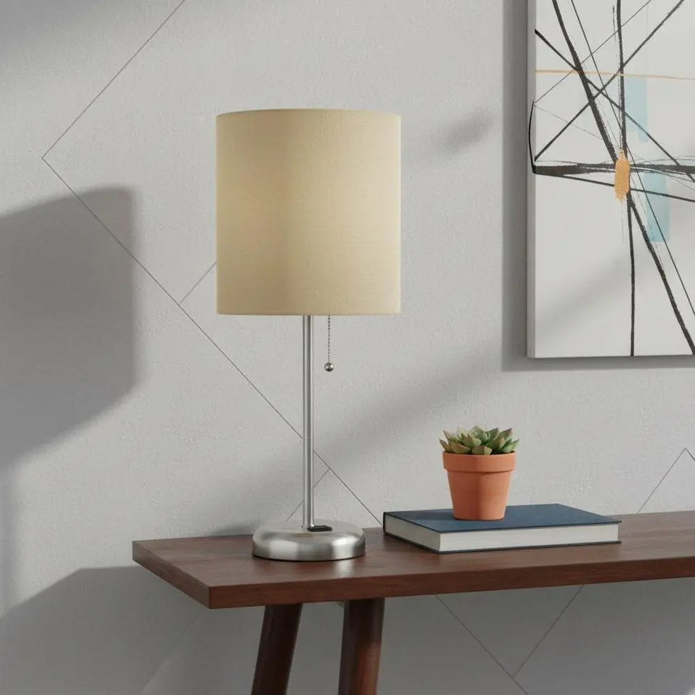 20" Silver Metal Table Lamp LED With Tan Drum Shade HomeRoots