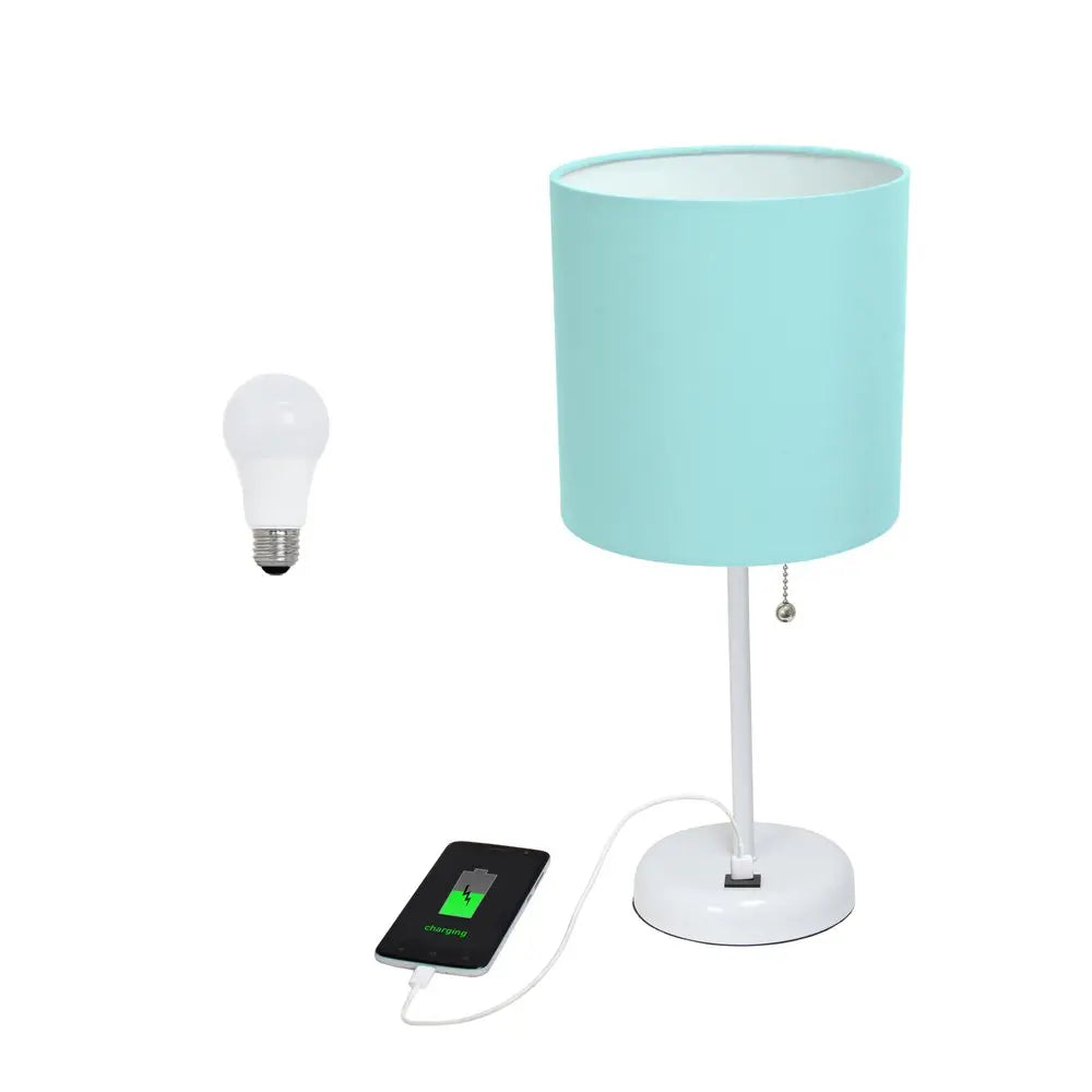 20" White Metal USB Table Lamp LED With Aqua Drum Shade HomeRoots