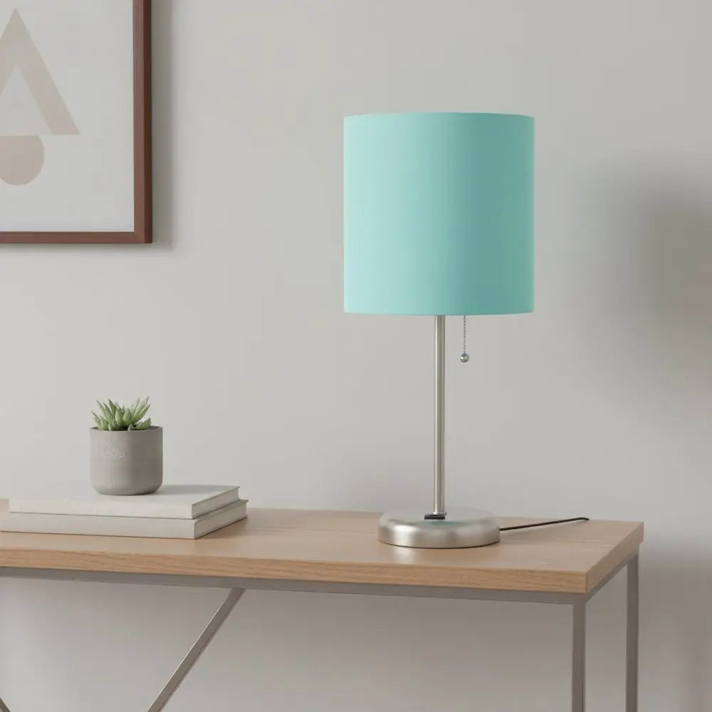 20" Silver Metal USB Table Lamp LED With Aqua Drum Shade HomeRoots