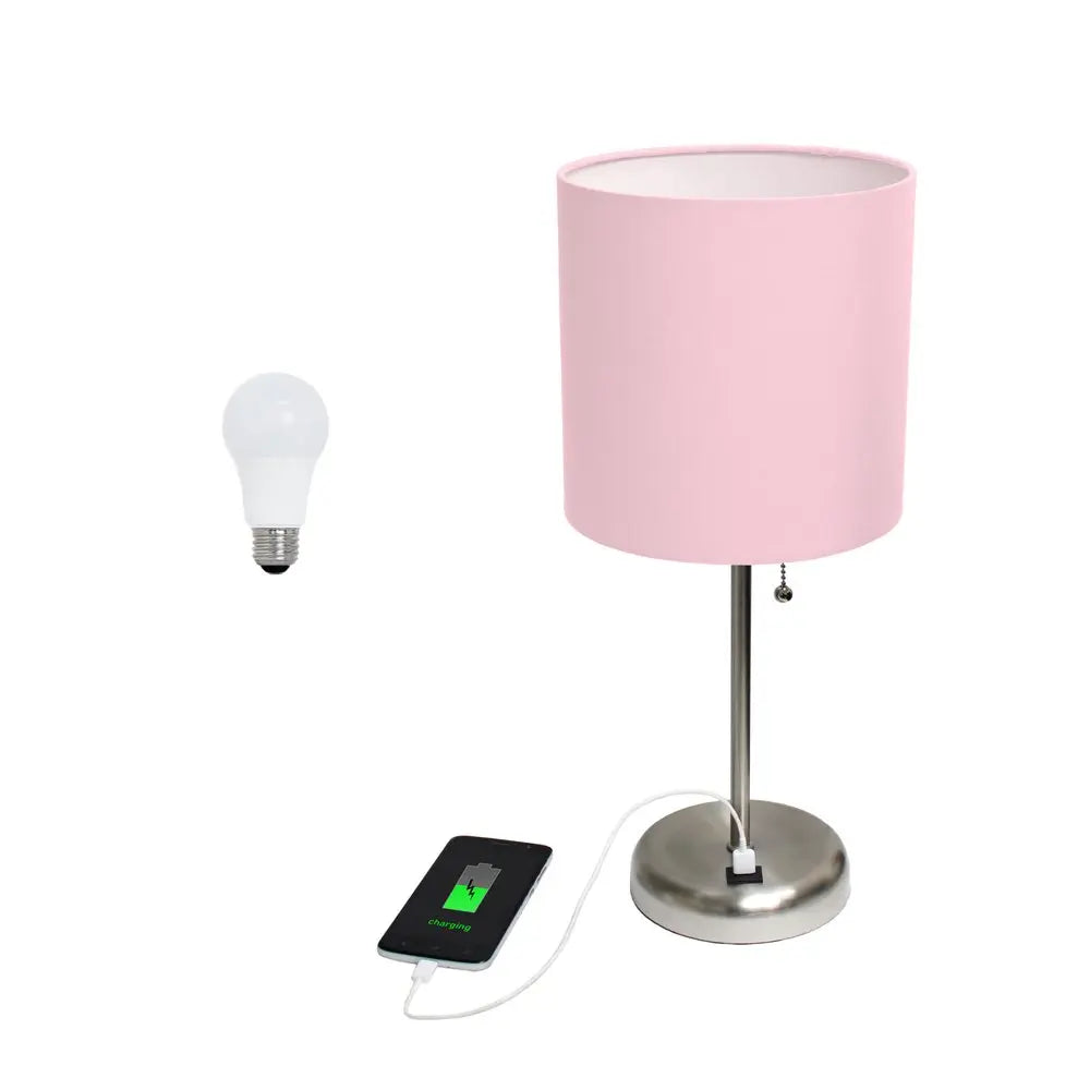 20" Silver Metal USB Table Lamp LED With Light Pink Drum Shade HomeRoots