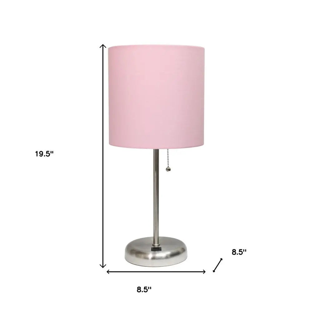 20" Silver Metal USB Table Lamp LED With Light Pink Drum Shade HomeRoots