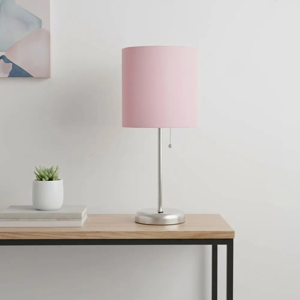 20" Silver Metal USB Table Lamp LED With Light Pink Drum Shade HomeRoots