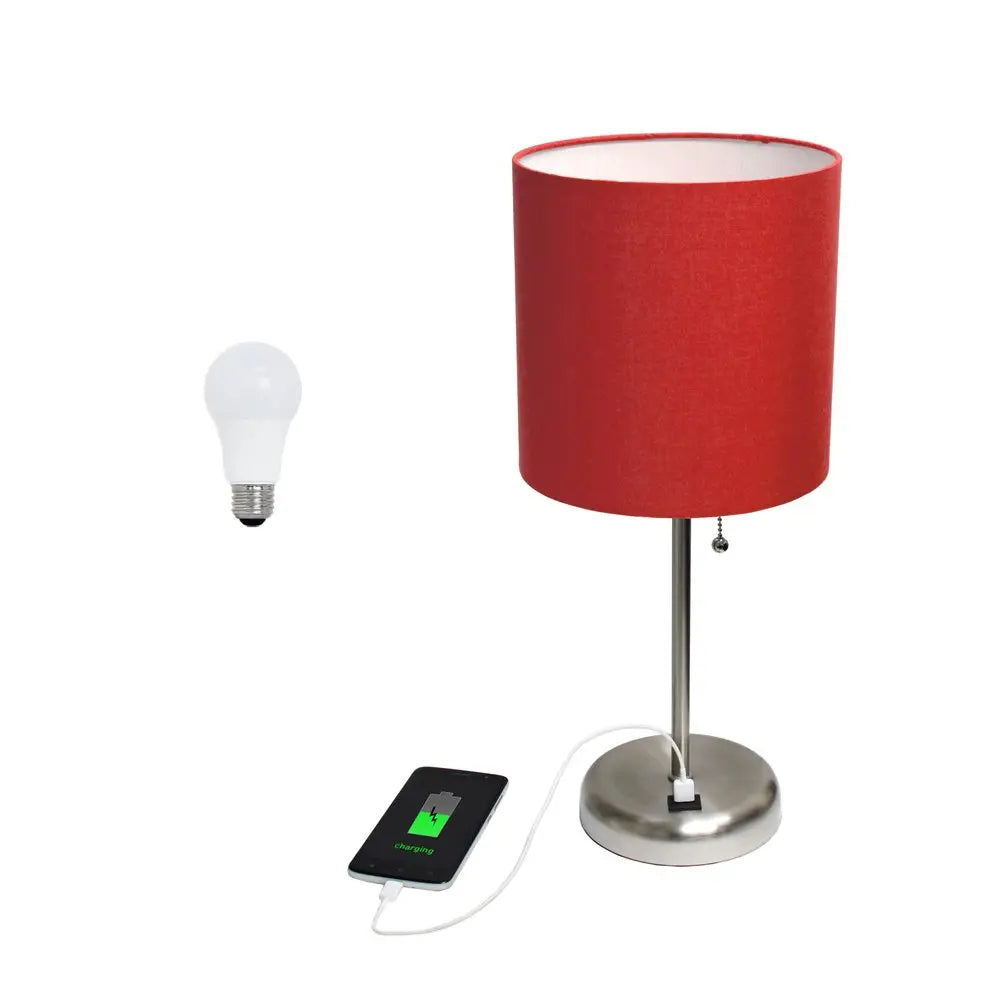 20" Silver Metal USB Table Lamp LED With Red Drum Shade HomeRoots
