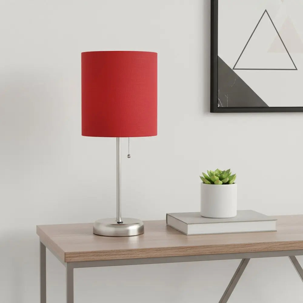 20" Silver Metal USB Table Lamp LED With Red Drum Shade HomeRoots