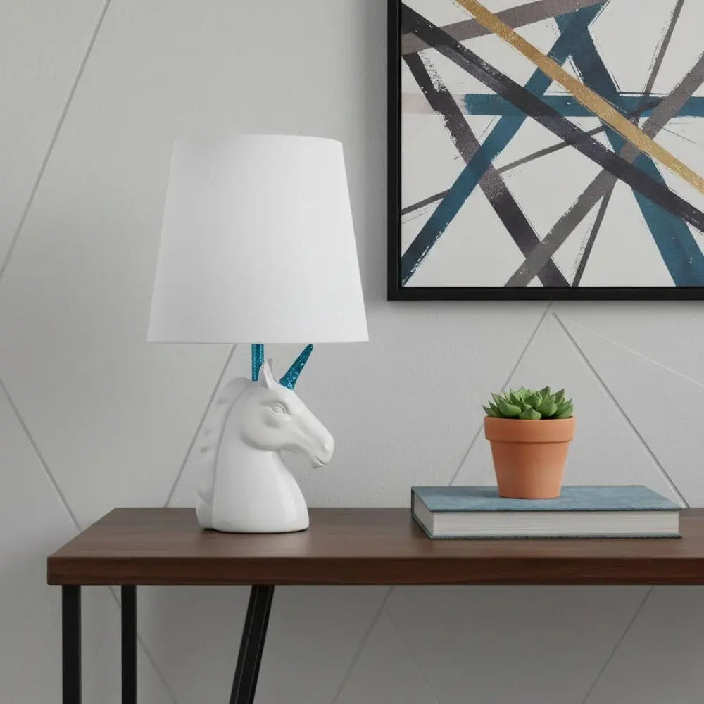 16" White And Blue Novelty Table Lamp With White Drum Shade HomeRoots