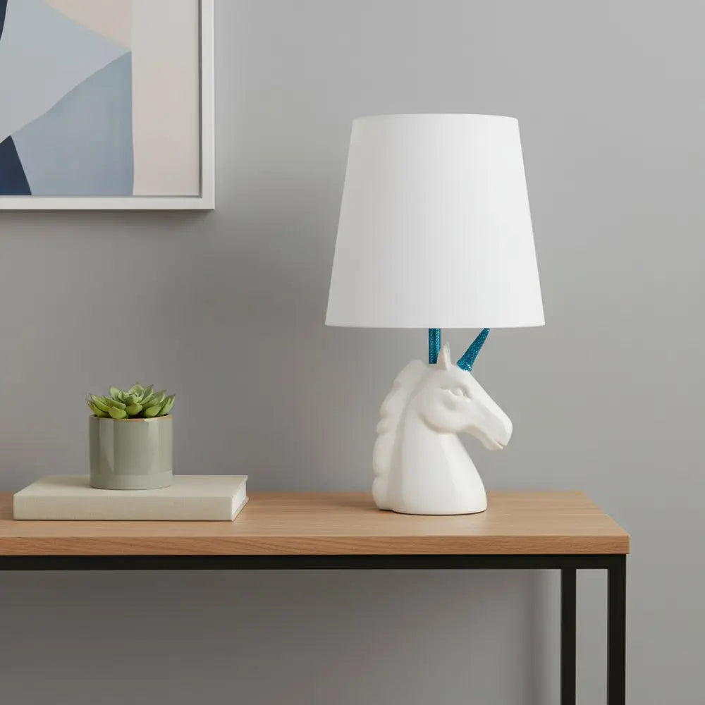 16" White And Blue Novelty Table Lamp LED With White Drum Shade HomeRoots