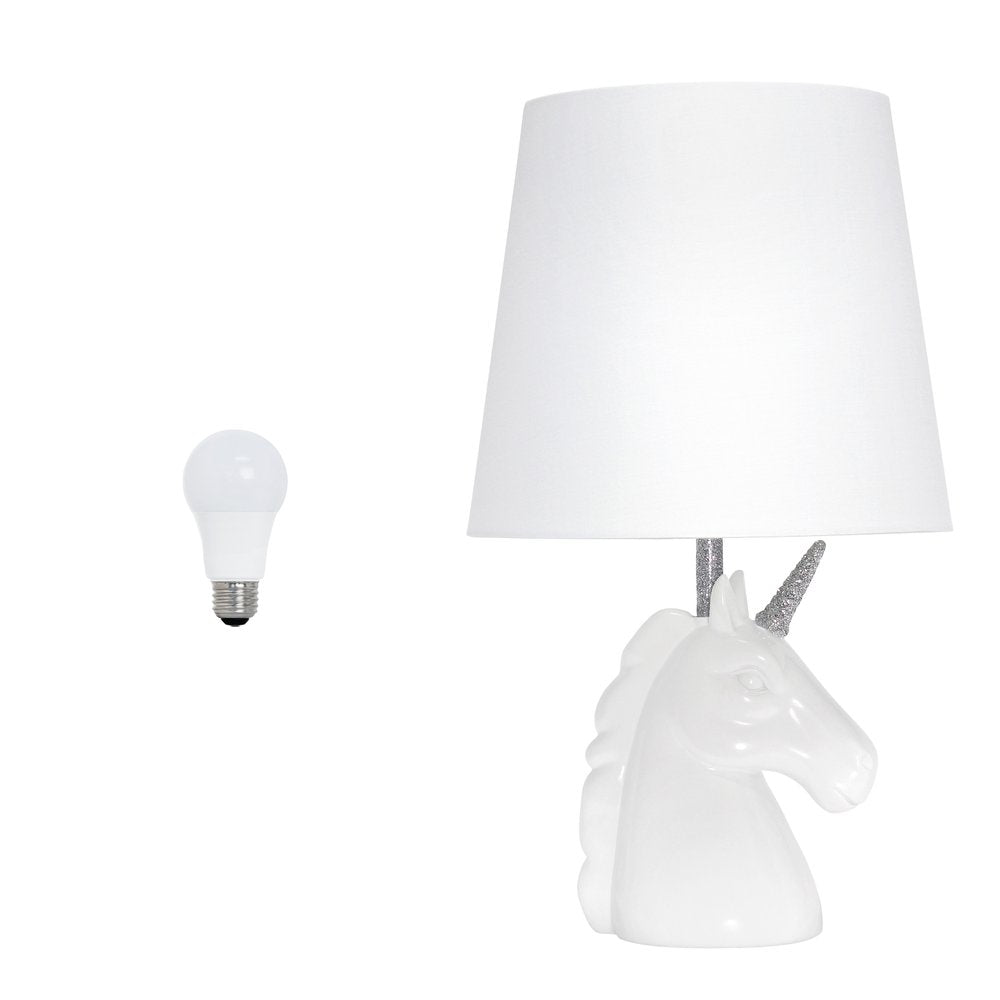 16" White And Silver Novelty Table Lamp LED With White Drum Shade