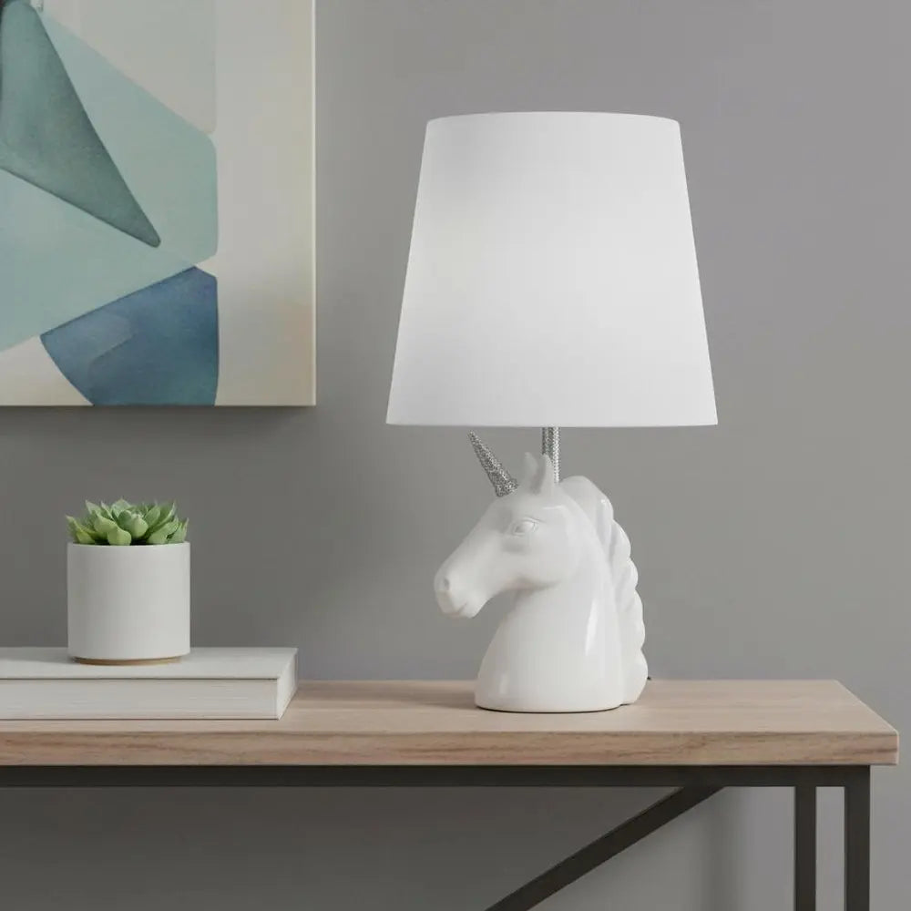 16" White And Silver Novelty Table Lamp LED With White Drum Shade HomeRoots