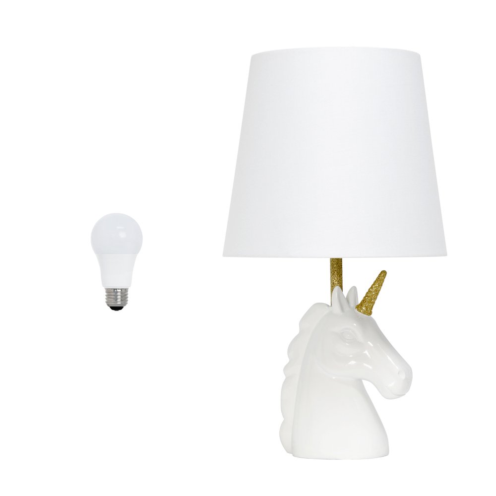 16" White And Gold Novelty Table Lamp LED With White Drum Shade