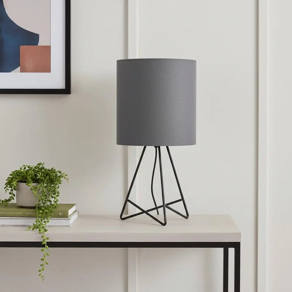 14" Gray Metal Tripod Table Lamp LED With Gray Drum Shade HomeRoots