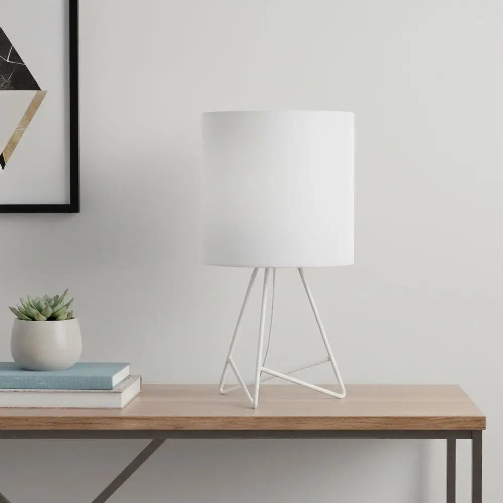 14" White Metal Tripod Table Lamp LED With White Drum Shade HomeRoots