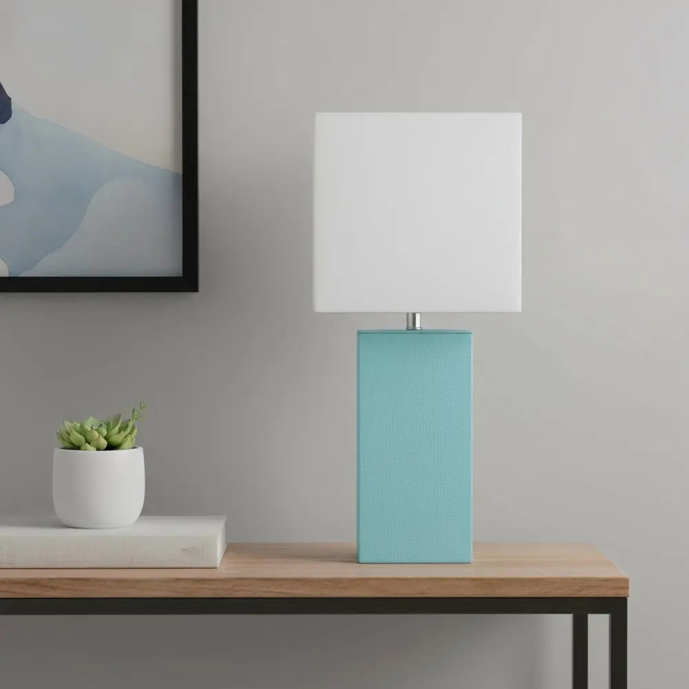 21" Aqua Faux Leather Table Lamp LED With White Shade HomeRoots