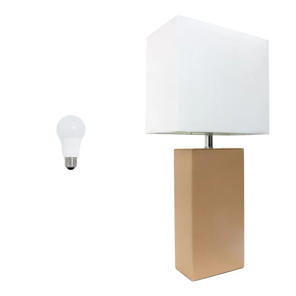 21" Beige Faux Leather Table Lamp LED With White Shade HomeRoots