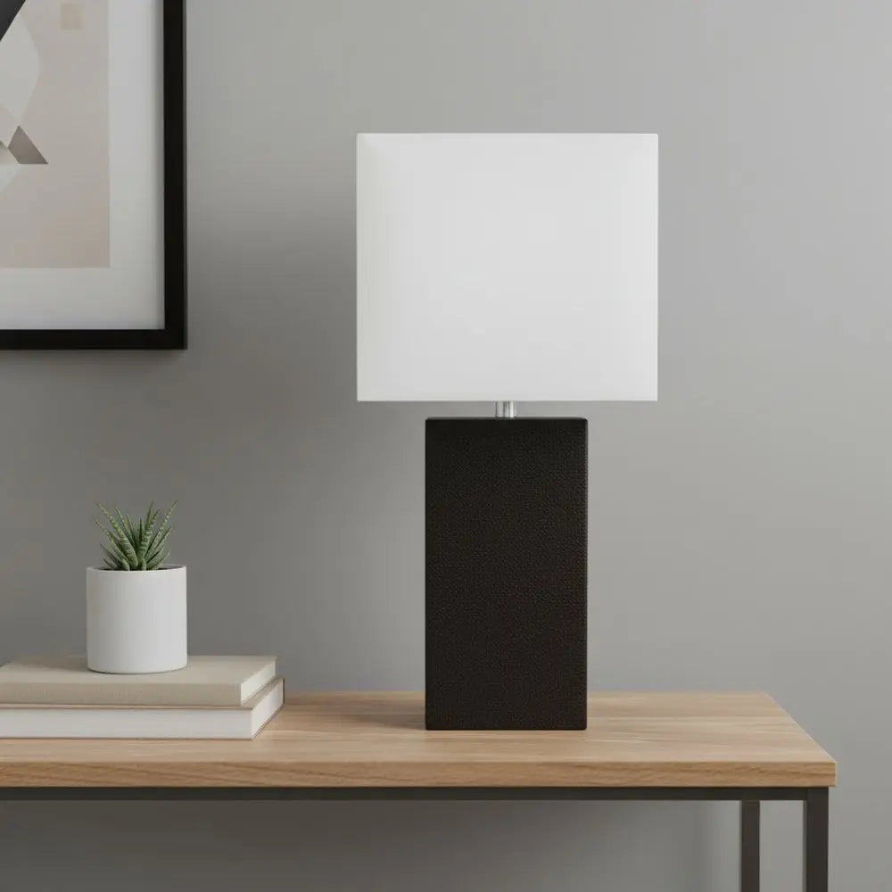 21" Black Faux Leather Table Lamp LED With White Shade HomeRoots